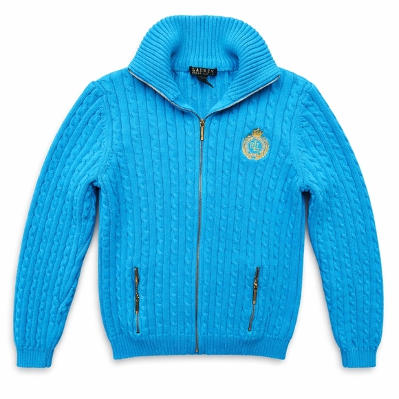 Ralph Lauren Sweaters - Lauren Ralph Lauren Cable Knit Full Zip Sweater L Blue RL Crest